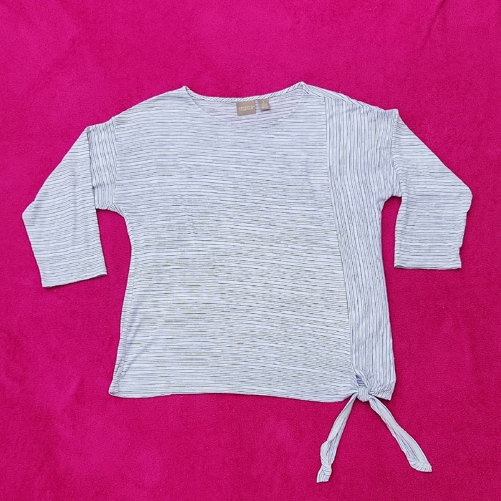Chico's Shirt Women 1 US M-8 White Black Stripe 3/4 Sleeve Tie Hem Pullover